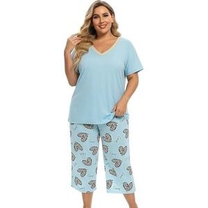 Vozanet Pajama Set Women Plus Size Light Blue Heart Leopard Print Capri PJs XXL